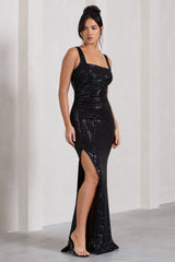 Black Sequin Open-Back Bodycon Maxi Dress