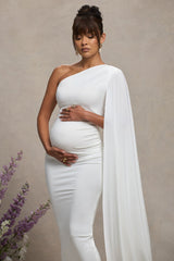 White Maternity One Shoulder Maxi Dress with Cape Sleeve