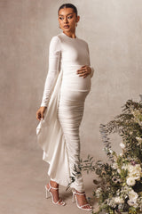 White Long Sleeve Ruched Maternity Midi Dress with Frill Detail
