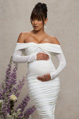 White Bardot Twist Maternity Midi Dress