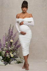 White Bardot Twist Maternity Midi Dress