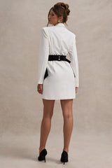 White Tailored Blazer Dress With Black Bow