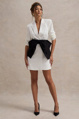 White Tailored Blazer Dress With Black Bow