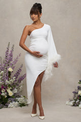 White Asymmetric One-Sleeved Maternity Maxi Dress With Feathers