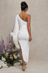 White Asymmetric One-Sleeved Maternity Maxi Dress With Feathers