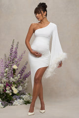 White Asymmetric One-Sleeved Maternity Maxi Dress With Feathers