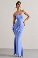 Blue Ruched Bandeau Split Maxi Dress With Flowers