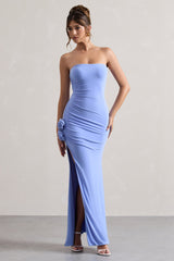 Blue Ruched Bandeau Split Maxi Dress With Flowers