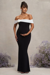 Black & White Bardot Maternity Maxi Dress With Flower