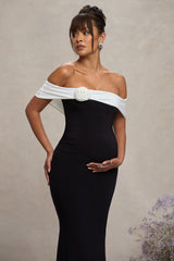 Black & White Bardot Maternity Maxi Dress With Flower