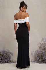 Black & White Bardot Maternity Maxi Dress With Flower