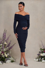 Navy Ruched Twist Bardot Long-Sleeve Maternity Midi Dress