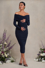 Navy Ruched Twist Bardot Long-Sleeve Maternity Midi Dress