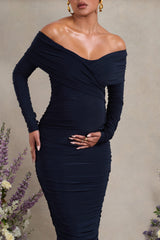 Navy Ruched Twist Bardot Long-Sleeve Maternity Midi Dress