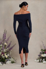 Navy Ruched Twist Bardot Long-Sleeve Maternity Midi Dress