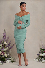 Sage Ruched Twist Bardot Long-Sleeve Maternity Midi Dress