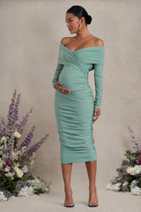 Sage Ruched Twist Bardot Long-Sleeve Maternity Midi Dress