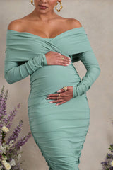 Sage Ruched Twist Bardot Long-Sleeve Maternity Midi Dress