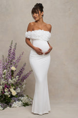 White Mesh Floral Bardot Maternity Maxi Dress