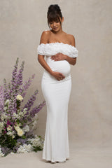 White Mesh Floral Bardot Maternity Maxi Dress