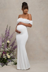 White Mesh Floral Bardot Maternity Maxi Dress