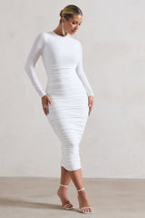White Ruched Long-Sleeve Midi Dress