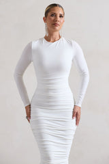 White Ruched Long-Sleeve Midi Dress