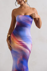 Abstract Print Bandeau Fishtail Maxi Dress