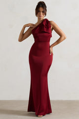 Berry Satin One Shoulder Maxi Dress With Bow