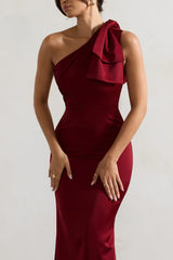 Berry Satin One Shoulder Maxi Dress With Bow