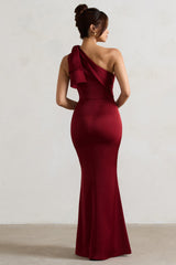 Berry Satin One Shoulder Maxi Dress With Bow