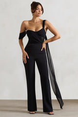 Black Draped-Sleeve Corseted Jumpsuit With Sash