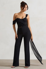 Black Draped-Sleeve Corseted Jumpsuit With Sash
