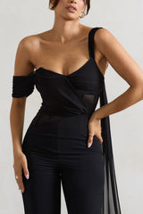 Black Draped-Sleeve Corseted Jumpsuit With Sash