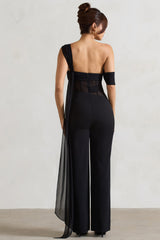 Black Draped-Sleeve Corseted Jumpsuit With Sash
