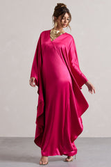 Hot Pink Satin Plunge Cape Maxi Dress