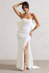 White Sequin Bandeau Split Maxi Dress With Oversized Bow