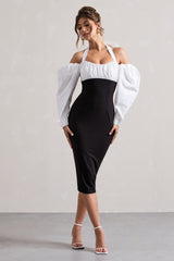 Black Halter-Neck Puff Sleeve Midi Dress