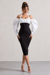 Black Halter-Neck Puff Sleeve Midi Dress