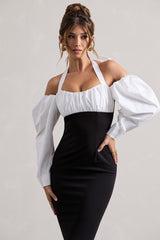 Black Halter-Neck Puff Sleeve Midi Dress
