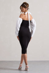 Black Halter-Neck Puff Sleeve Midi Dress