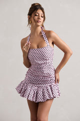 Pink & Black Polka Dot Halter-Neck Ruched Mini Dress With Ruffle Hem