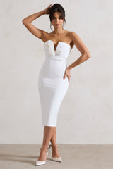 White Bodycon V-Neck Midi Dress With Flowers