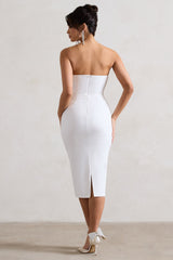 White Bodycon V-Neck Midi Dress With Flowers