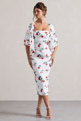 Rose Print Cape-Sleeve Midi Dress