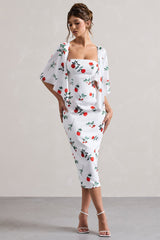 Rose Print Cape-Sleeve Midi Dress