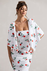 Rose Print Cape-Sleeve Midi Dress