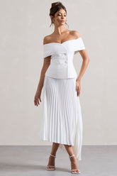 White Bardot Tailored Midi Dress With Plisse Skirt