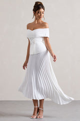 White Bardot Tailored Midi Dress With Plisse Skirt