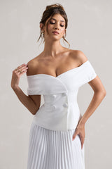 White Bardot Tailored Midi Dress With Plisse Skirt